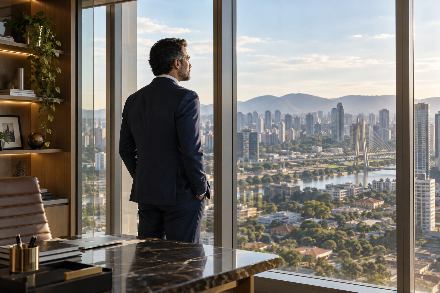 Empresário em seu escritório olhando o horizonte pela janela